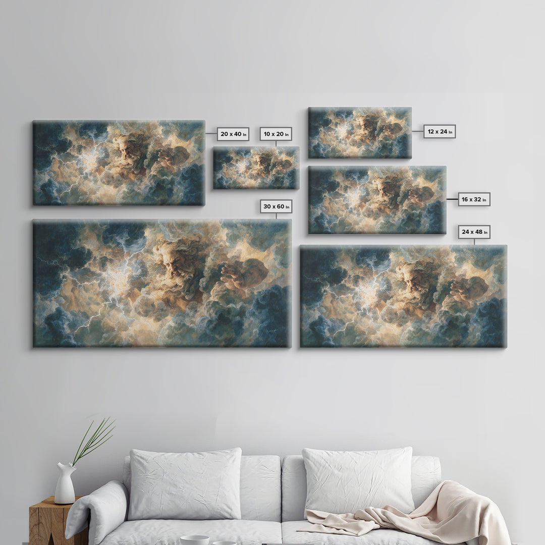 Storm Cloud God With Lightning Wall Art, Mythological Canvas Print, Dramatic Fantasy Decor, Dark Academia Living Room Art