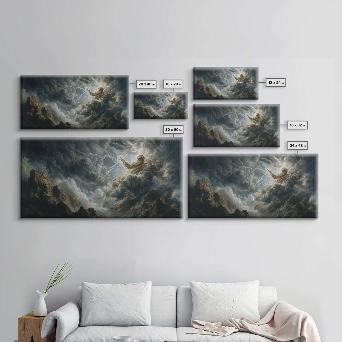 Stormy Divine Figure In Lightning Clouds Wall Art, Dramatic Mythological Canvas Print For Moody Gothic Home Decor And Fantasy Art