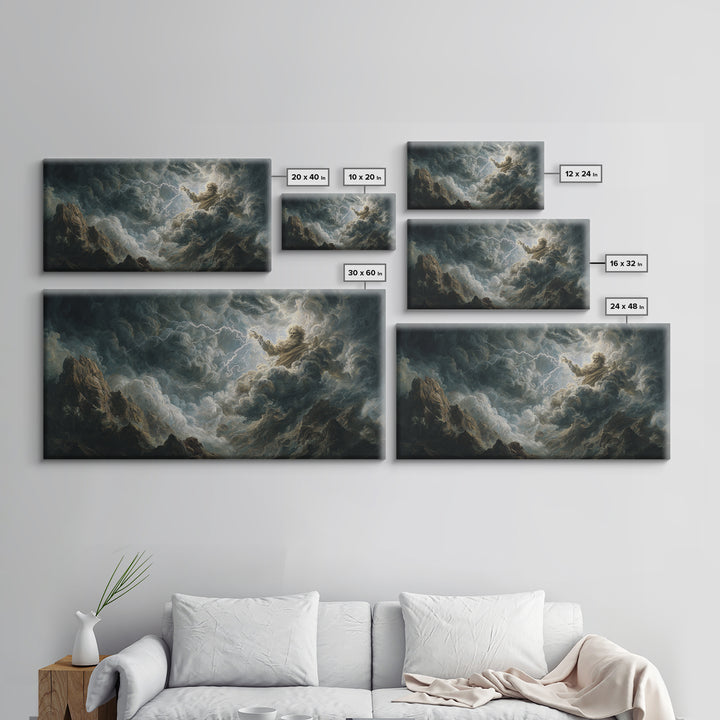 Stormy Divine Figure In Lightning Clouds Wall Art, Dramatic Mythological Canvas Print For Moody Gothic Home Decor And Fantasy Art