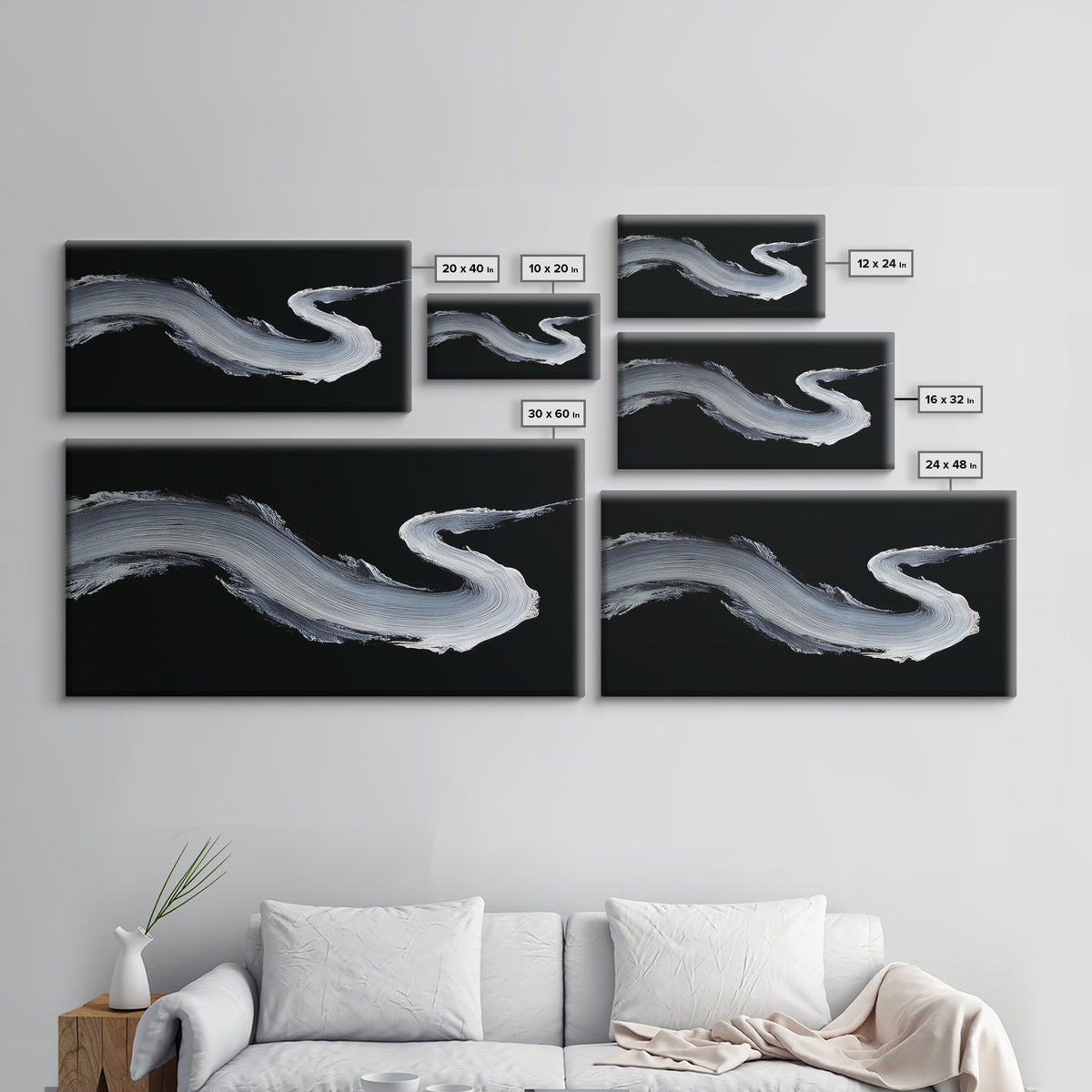 Abstract Bold White Brushstroke On Black Background Modern Wall Art, Canvas Print For Contemporary Home Decor And Office Decoration