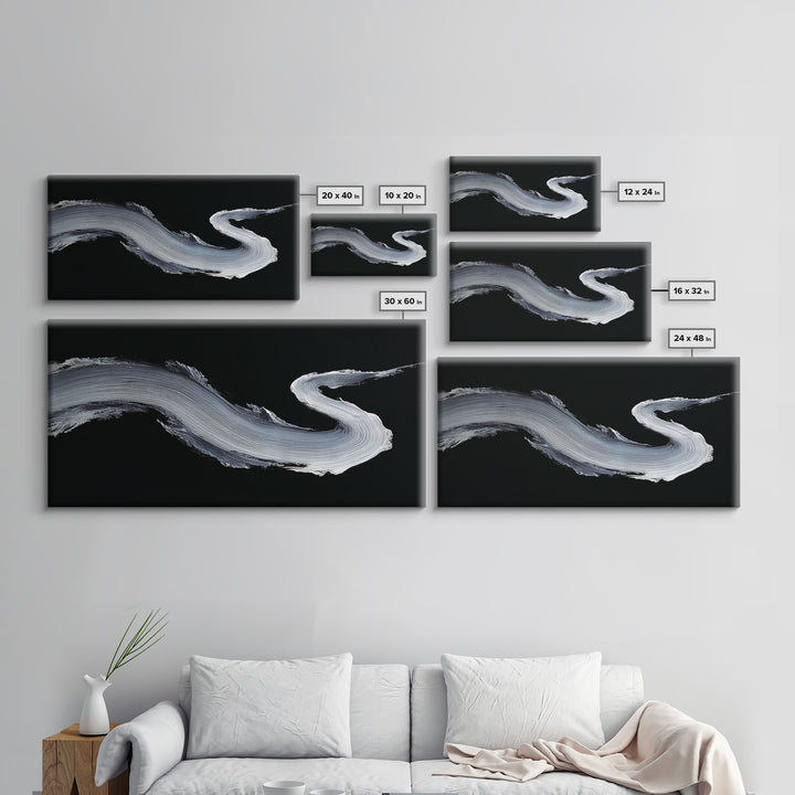 Abstract Bold White Brushstroke On Black Background Modern Wall Art, Canvas Print For Contemporary Home Decor And Office Decoration