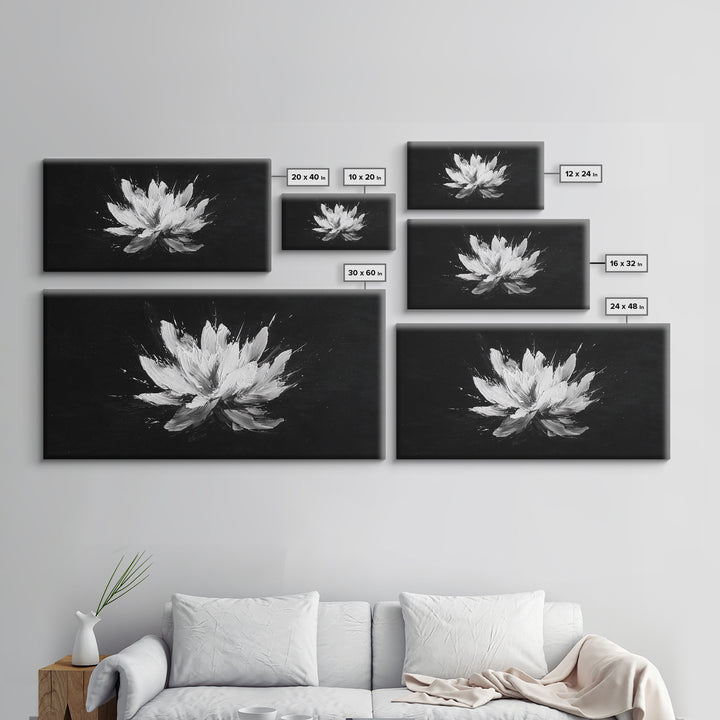 Abstract White Flower On Black Background Minimalist Wall Art Modern Home Decor Canvas Print For Living Room And Bedroom