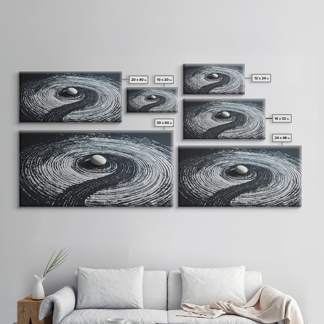 Zen Garden White Stone With Spiral Raked Sand Minimalist Black And White Wall Art Canvas Print