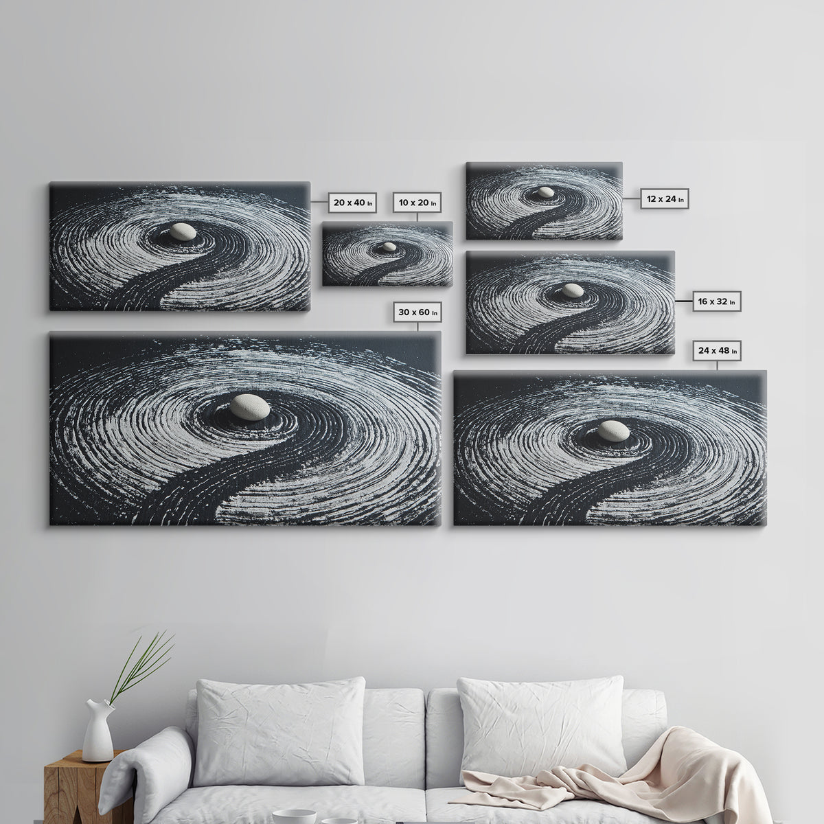 Zen Garden White Stone With Spiral Raked Sand Minimalist Black And White Wall Art Canvas Print