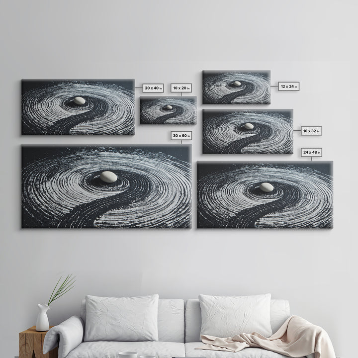 Zen Garden White Stone With Spiral Raked Sand Minimalist Black And White Wall Art Canvas Print