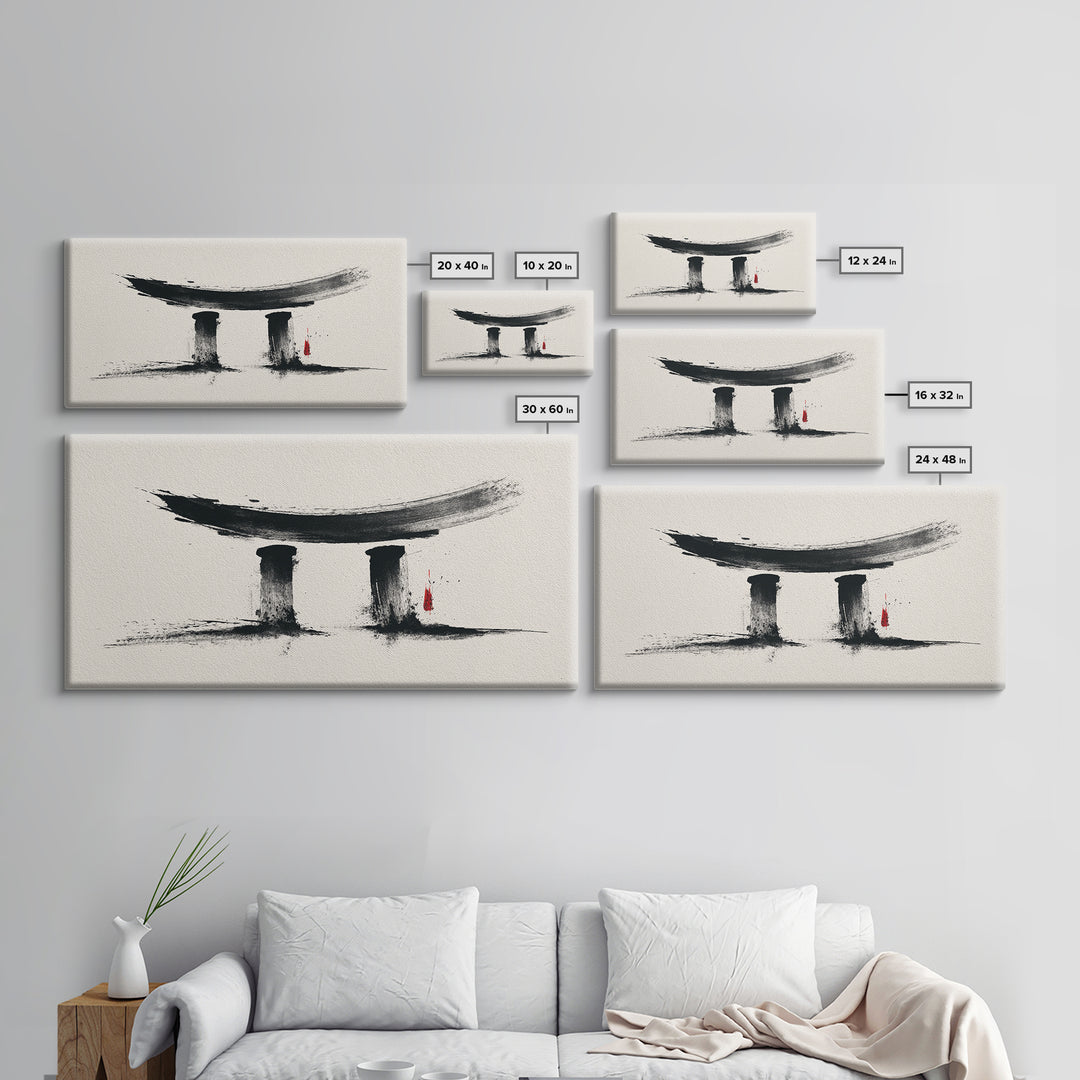 Minimalist Abstract Black Ink Calligraphy Inspired Wall Art Featuring Stylized Traditional Japanese Torii Gate In Ink Wash Style Framed Canvas Print