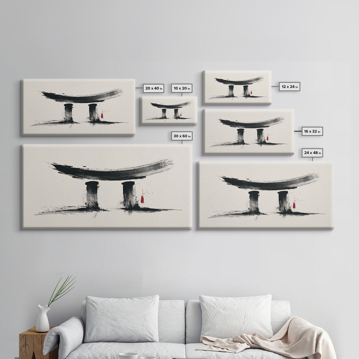 Minimalist Abstract Black Ink Calligraphy Inspired Wall Art Featuring Stylized Traditional Japanese Torii Gate In Ink Wash Style Framed Canvas Print