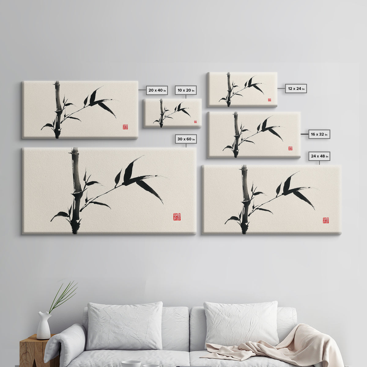 Elegant Black Ink Bamboo Painting Asian Calligraphy Style Minimalist Wall Art Framed Canvas Print