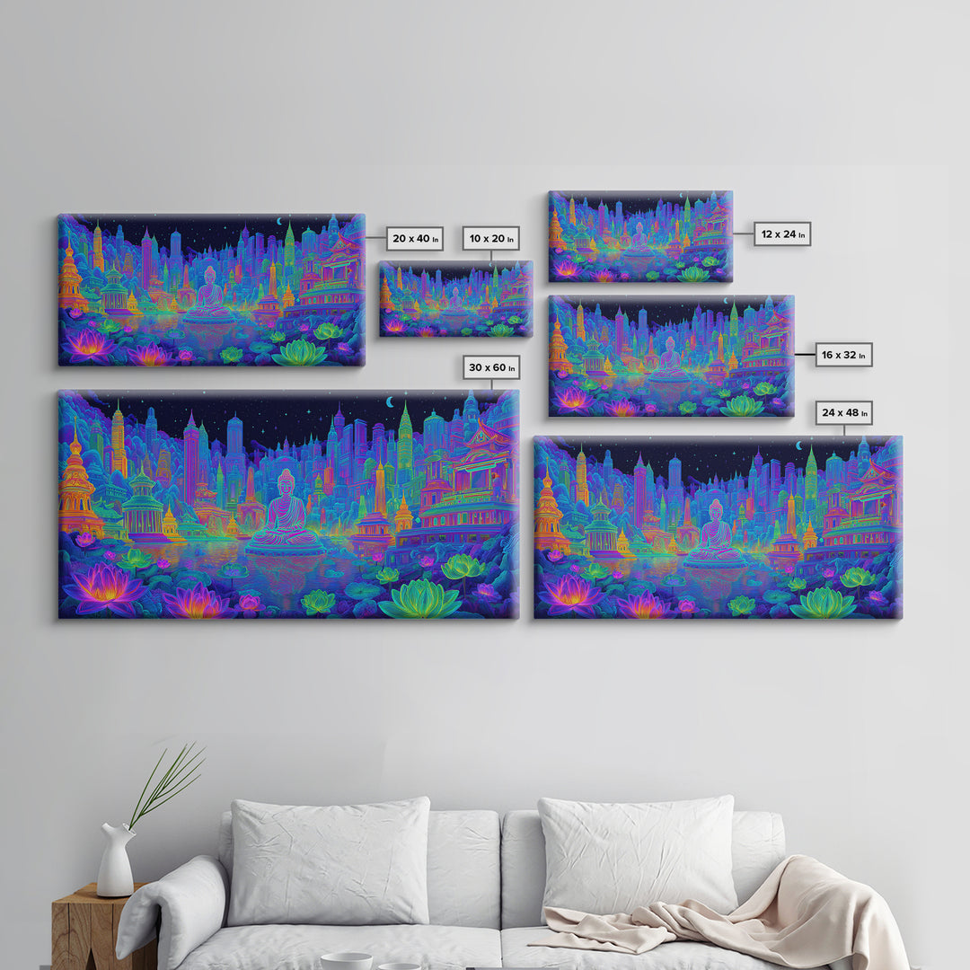 Vibrant Neon Cityscape With Buddha Statue And Lotus Flowers Modern Wall Art Colorful Spiritual Canvas Print