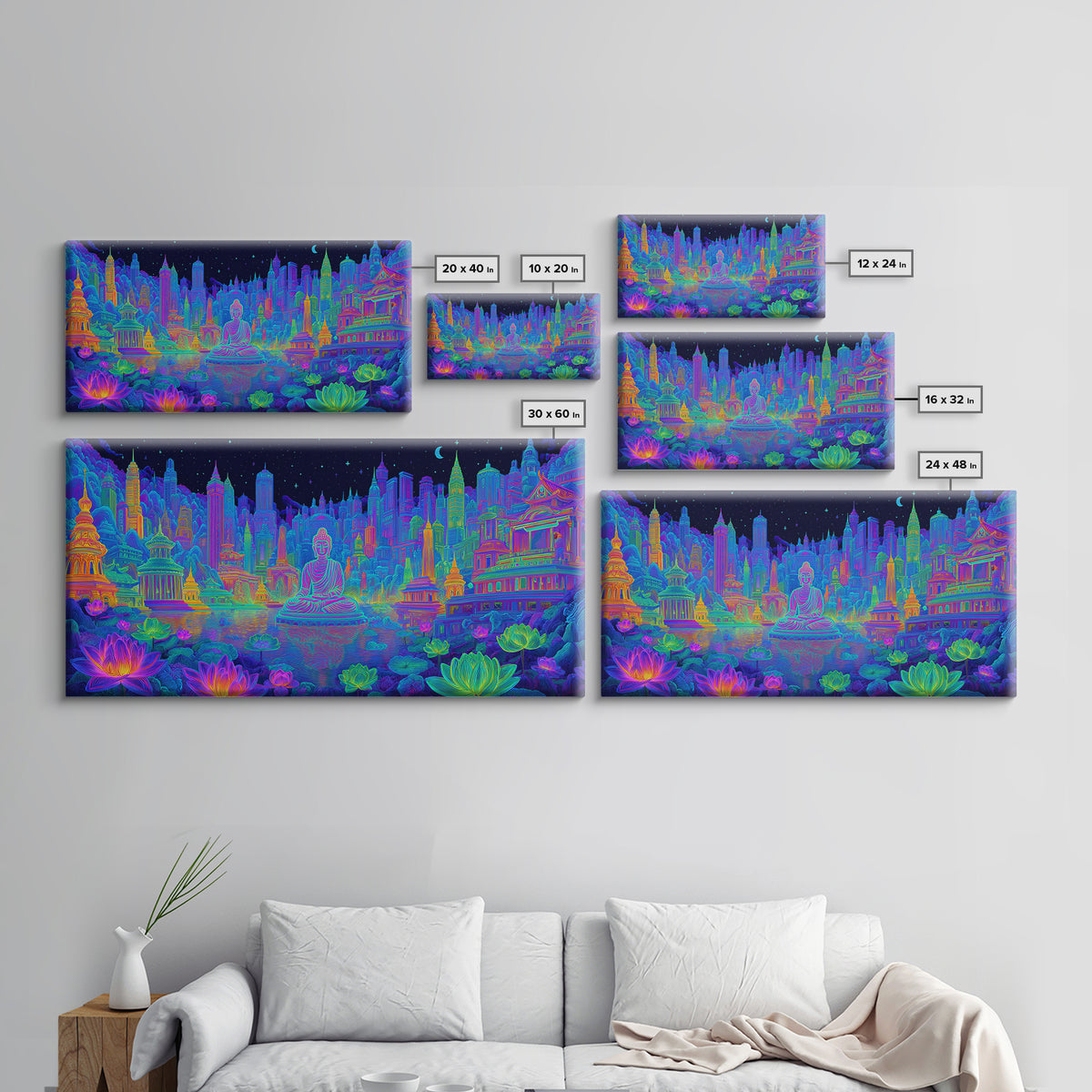 Vibrant Neon Cityscape With Buddha Statue And Lotus Flowers Modern Wall Art Colorful Spiritual Canvas Print