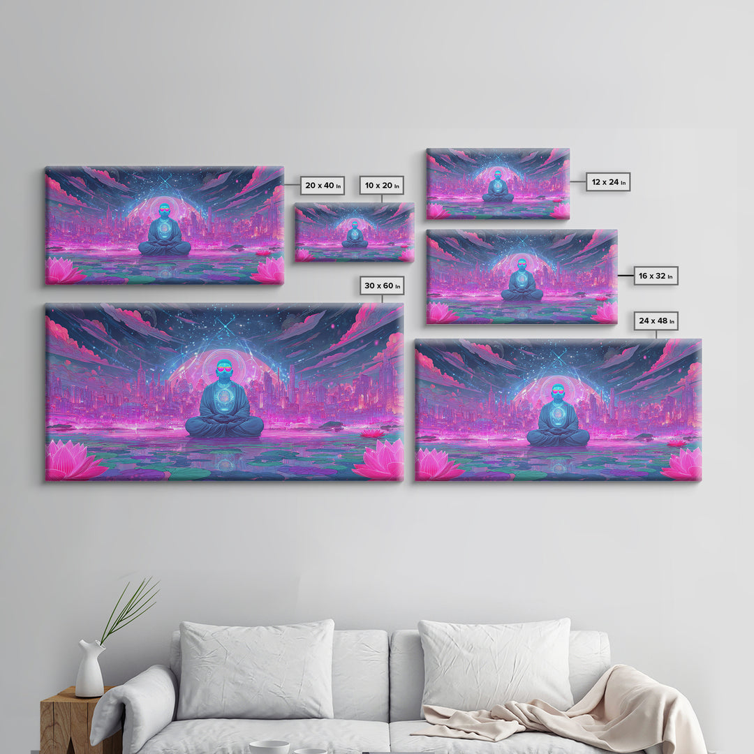 Futuristic Meditating Figure With Neon Cityscape Abstract Wall Art Framed Canvas Print For Office And Living Room