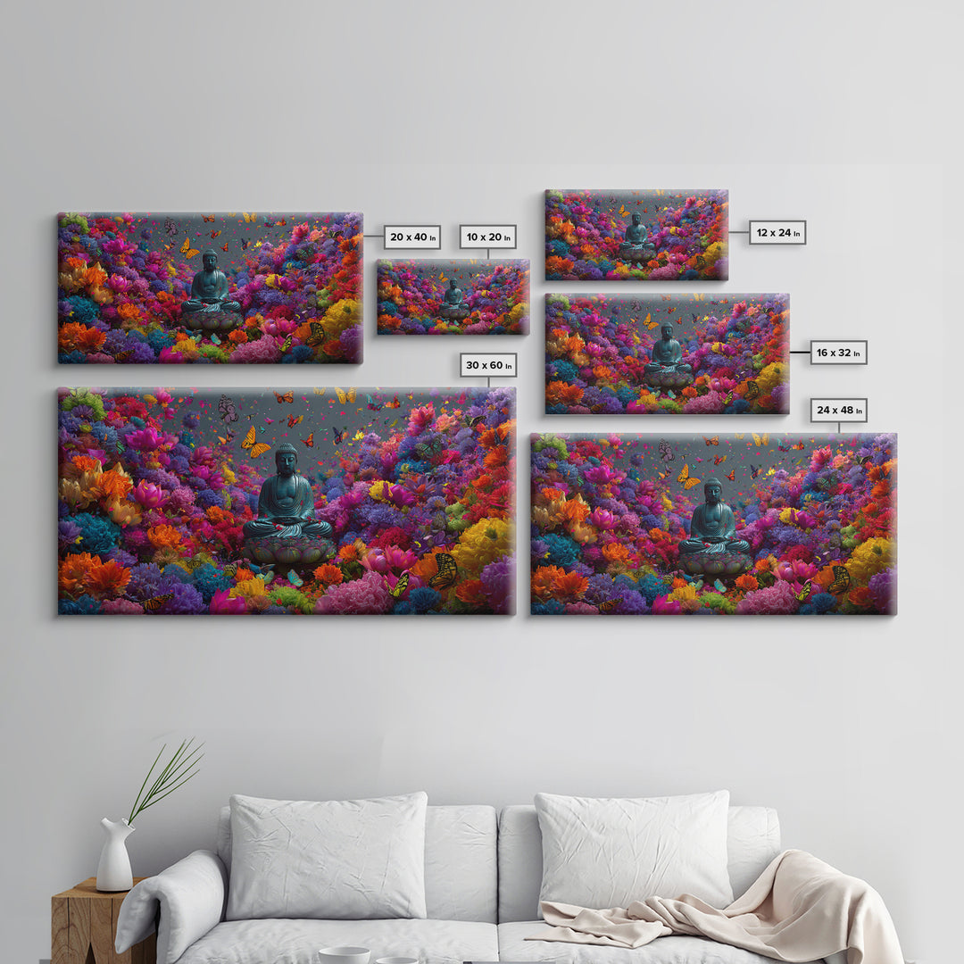 Meditative Buddha Statue Surrounded By Colorful Flowers And Butterflies Contemporary Wall Art Framed Canvas Print