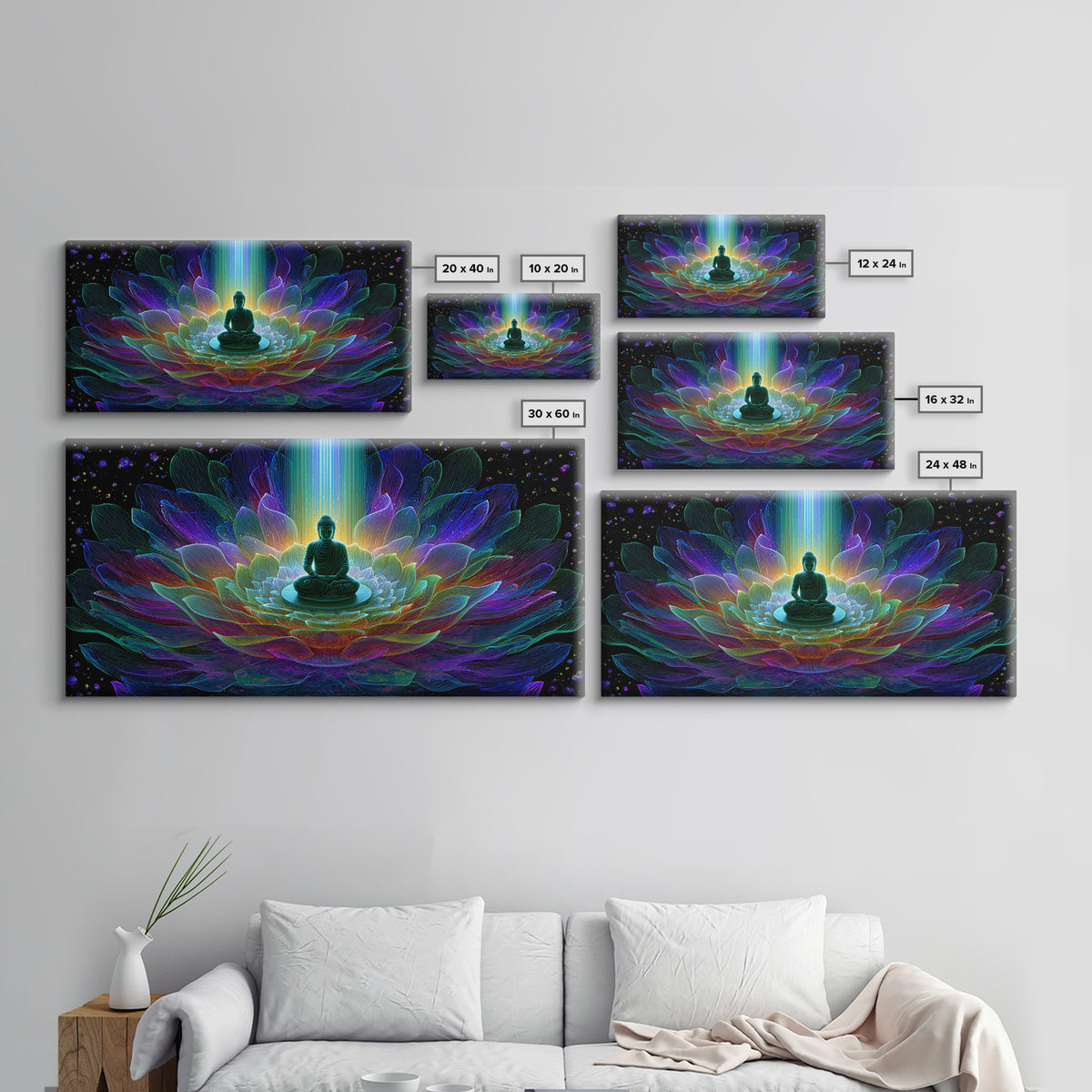 Spiritual Buddha Lotus Flower Meditation Colorful Neon Mandala Wall Art Canvas Print For Zen Room