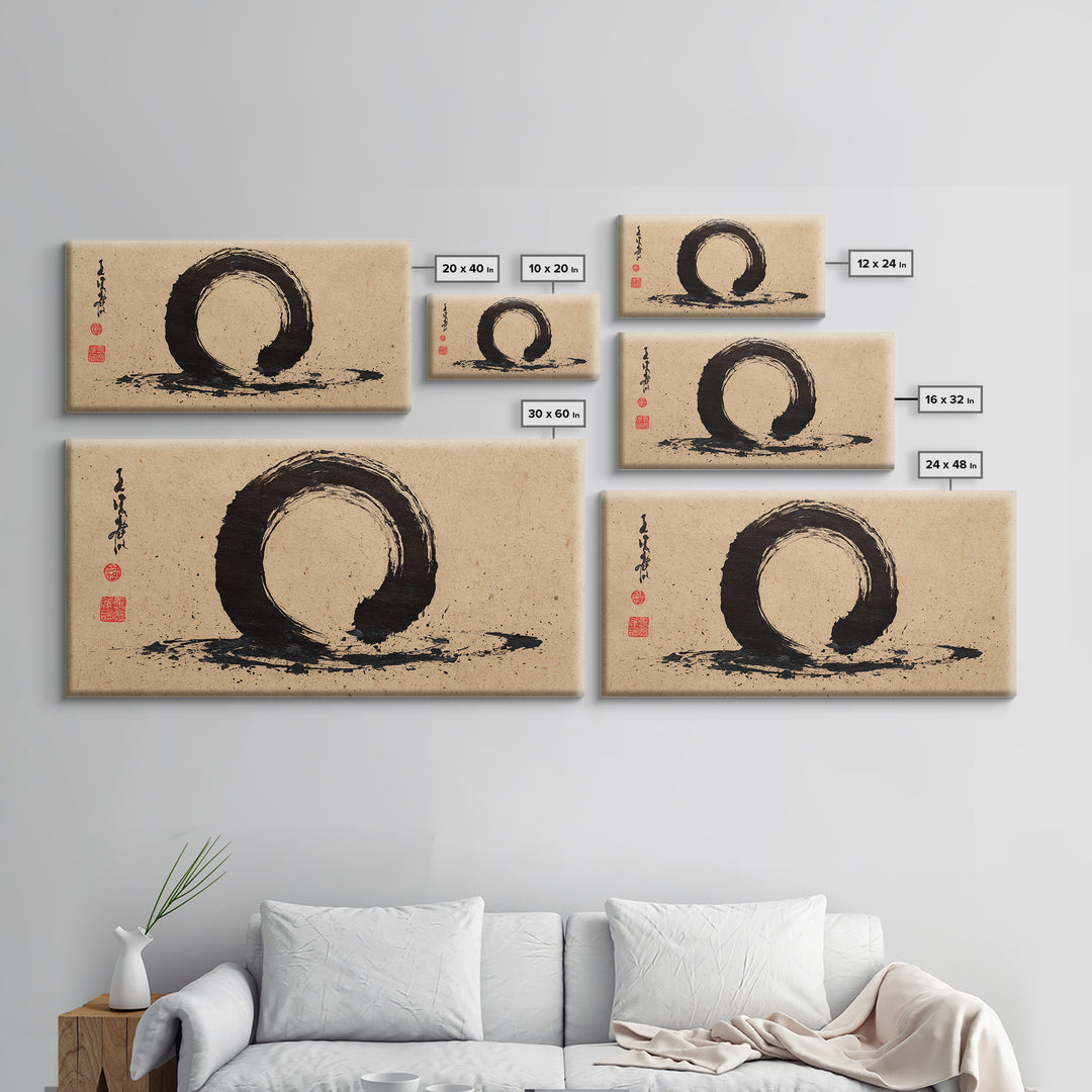 Minimalist Black Ink Enso Circle Painting On Textured Paper Modern Abstract Wall Art Framed Canvas Print For Contemporary Home Decor