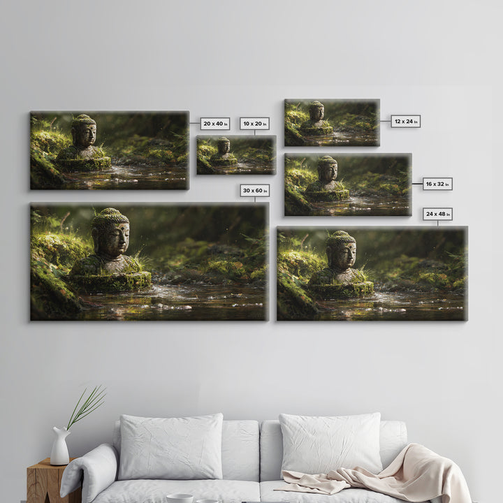 Serene Buddha Statue In Mossy Forest Water Reflection Wall Art Framed Canvas Print For Spa Zen Home Decor