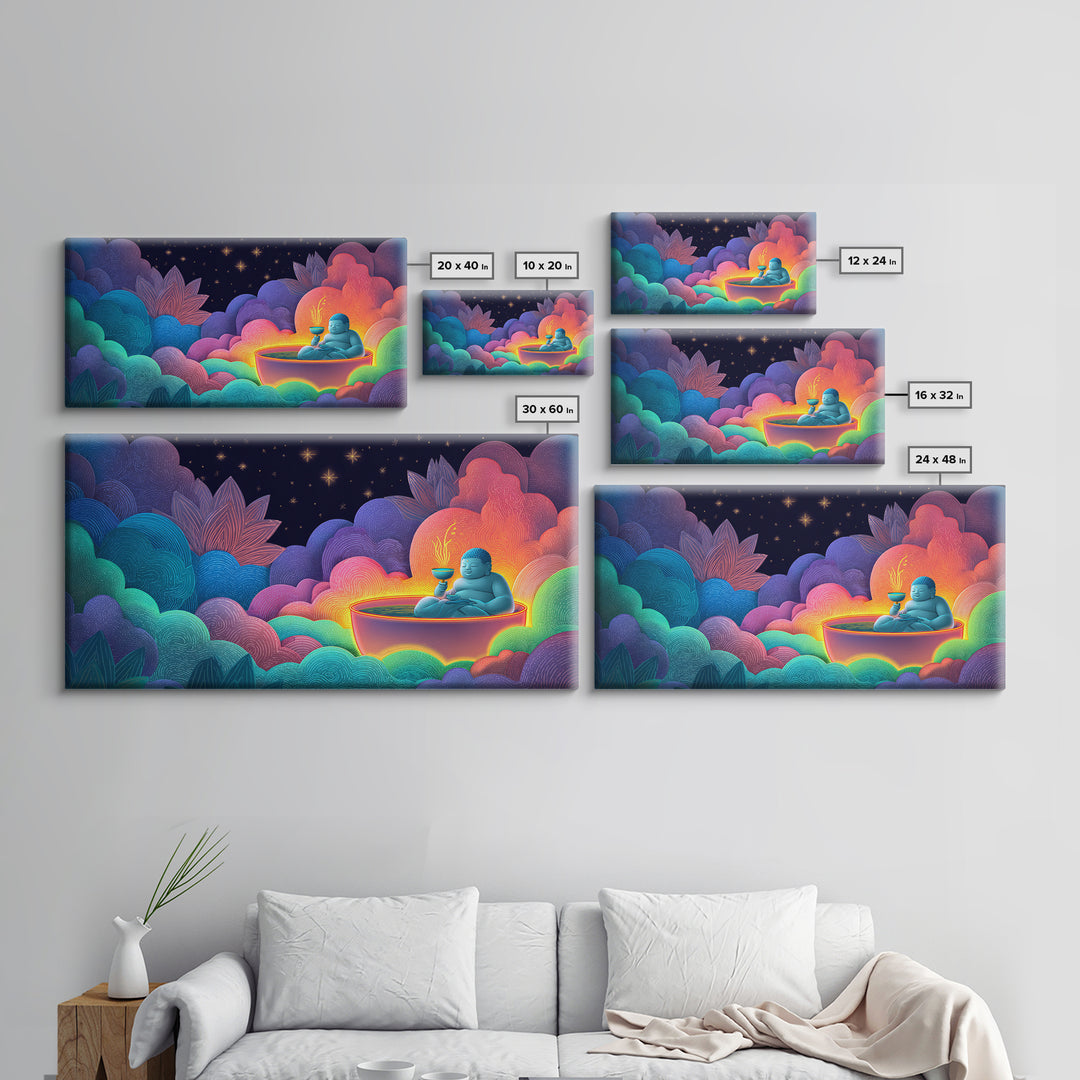 Colorful Vibrant Buddha With Neon Aura And Dynamic Clouds Spiritual Wall Art For Meditation Room And Yoga Studio Canvas Print