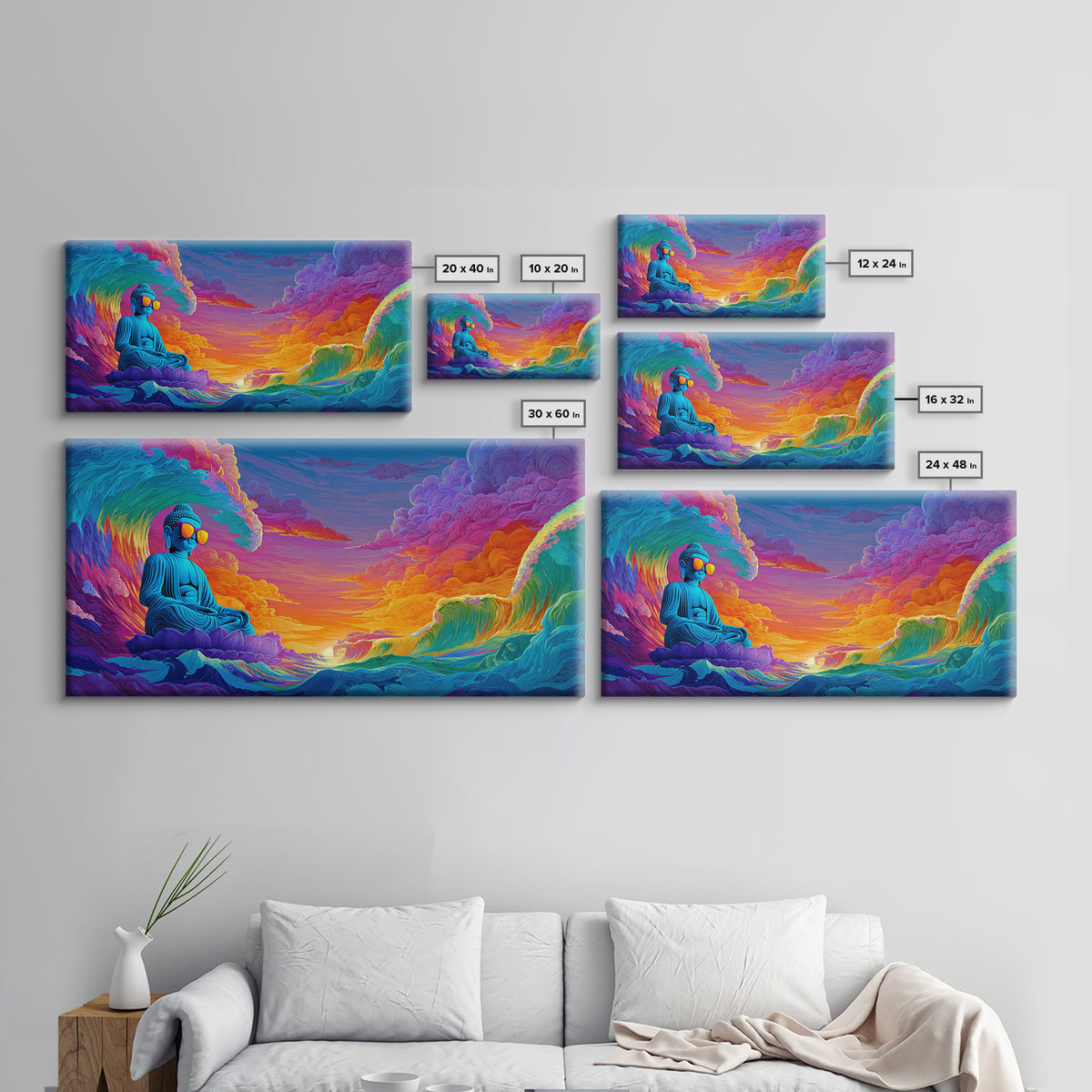 Vibrant Ocean Waves And Blue Buddha Sunset Landscape Wall Art Canvas Print For Relaxing Home Decor And Living Room