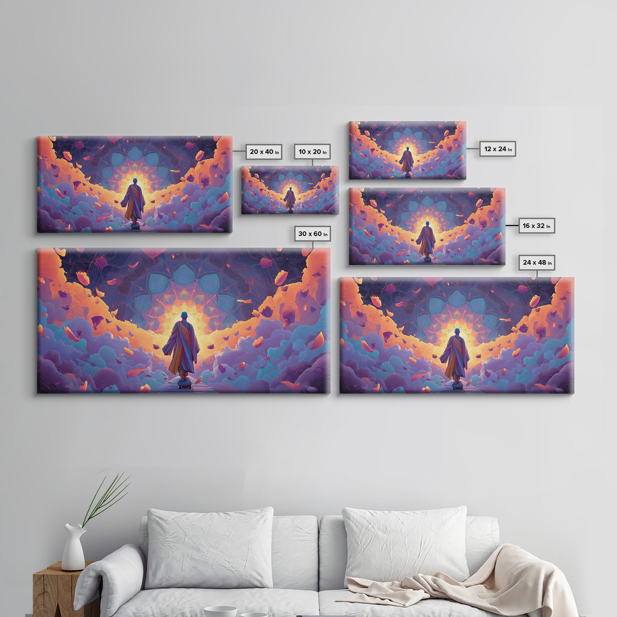 Mystical Monk Walking On Path Surrounded By Glowing Petals Spiritual Canvas Print Meditative Wall Art For Home Decor