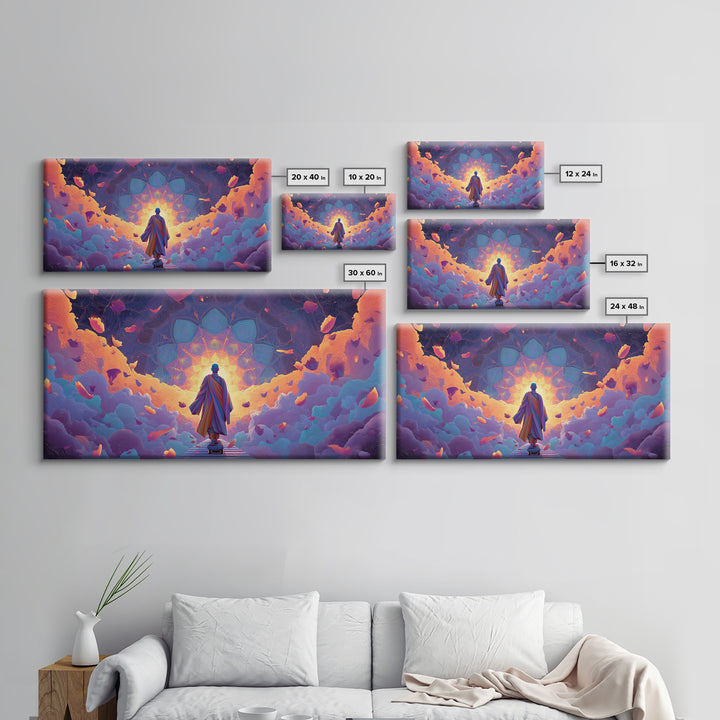 Mystical Monk Walking On Path Surrounded By Glowing Petals Spiritual Canvas Print Meditative Wall Art For Home Decor