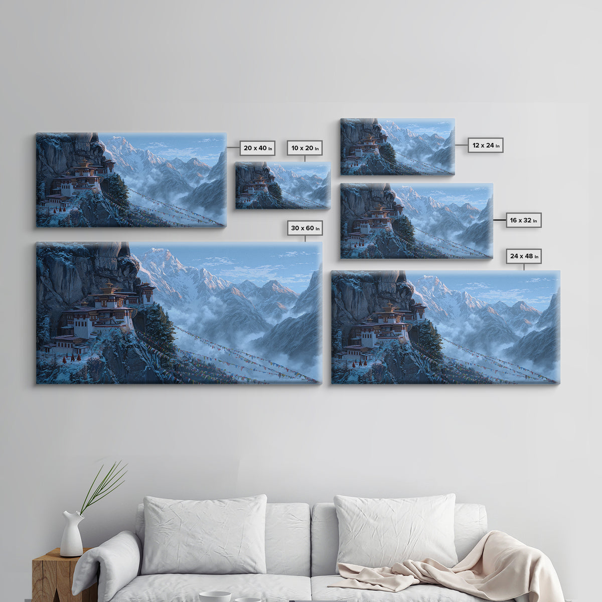 Snowy Mountain Monastery Landscape With Prayer Flags Serene Nature Scene Wall Art Framed Canvas Print For Meditation Room Decor
