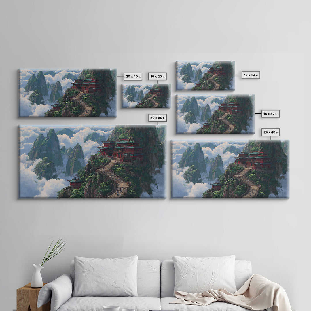 Scenic Traditional Asian Mountain Temple Landscape Painting Framed Canvas Print, Large Wall Art For Living Room Decor And Housewarming Gift