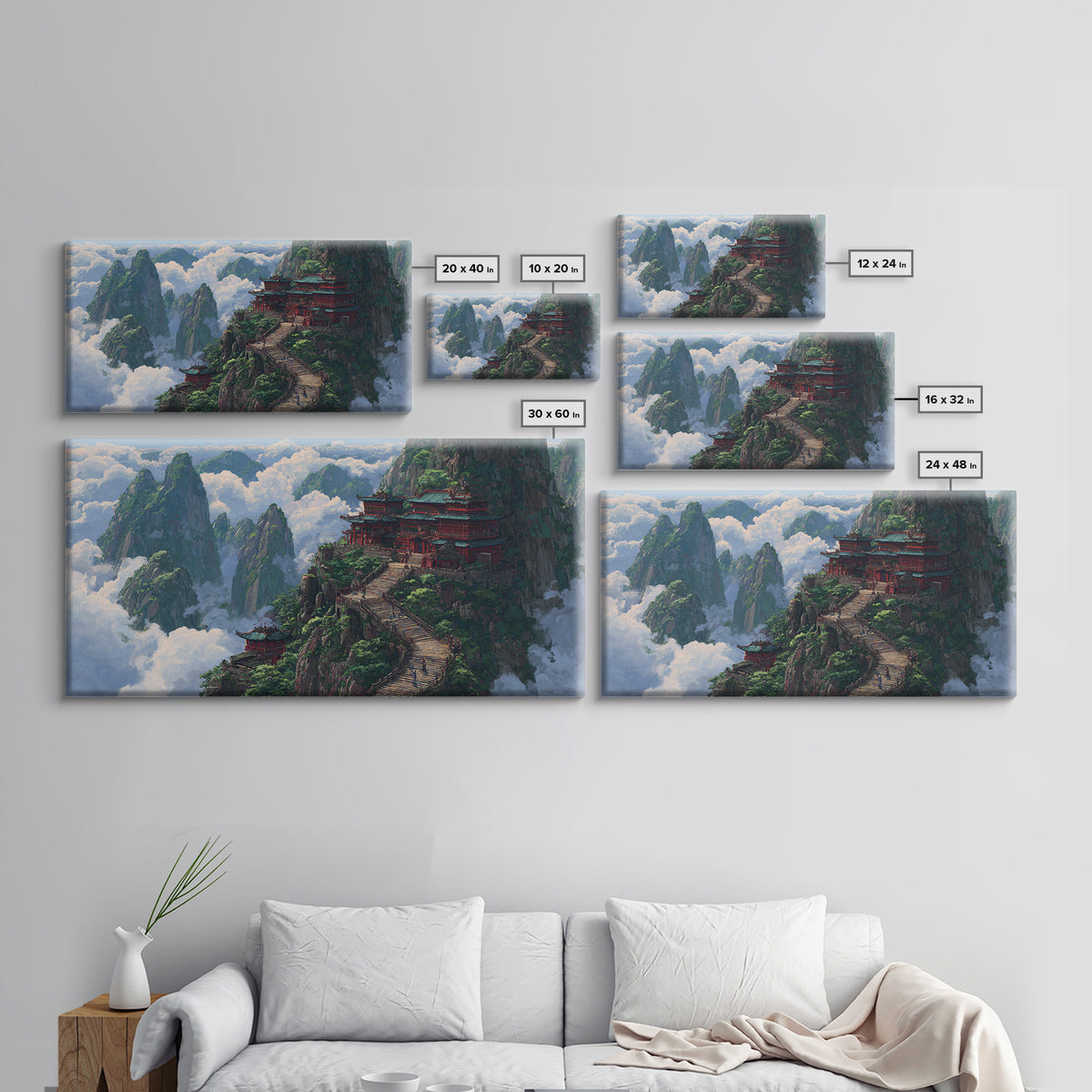 Scenic Traditional Asian Mountain Temple Landscape Painting Framed Canvas Print, Large Wall Art For Living Room Decor And Housewarming Gift