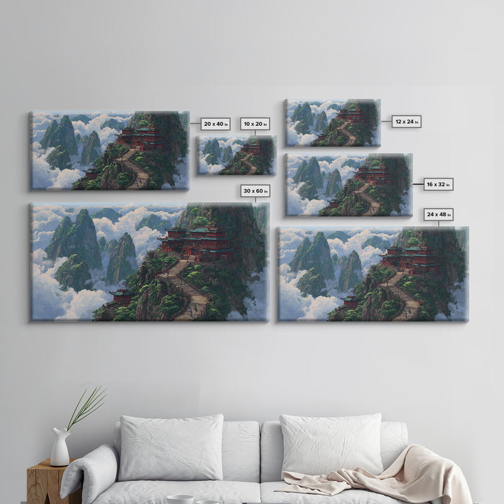 Scenic Traditional Asian Mountain Temple Landscape Painting Framed Canvas Print, Large Wall Art For Living Room Decor And Housewarming Gift