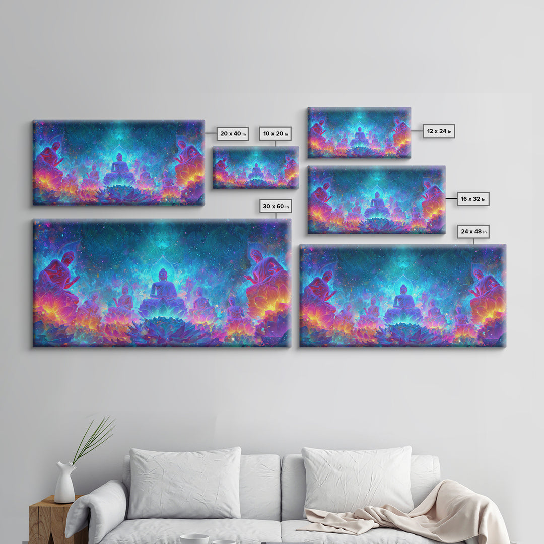 Mystical Buddha Statues Surrounded By Vibrant Lotus Flowers Spiritual Wall Art For Yoga Room Decor Canvas Print