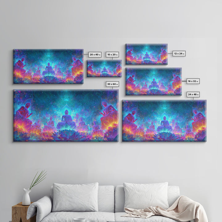 Mystical Buddha Statues Surrounded By Vibrant Lotus Flowers Spiritual Wall Art For Yoga Room Decor Canvas Print