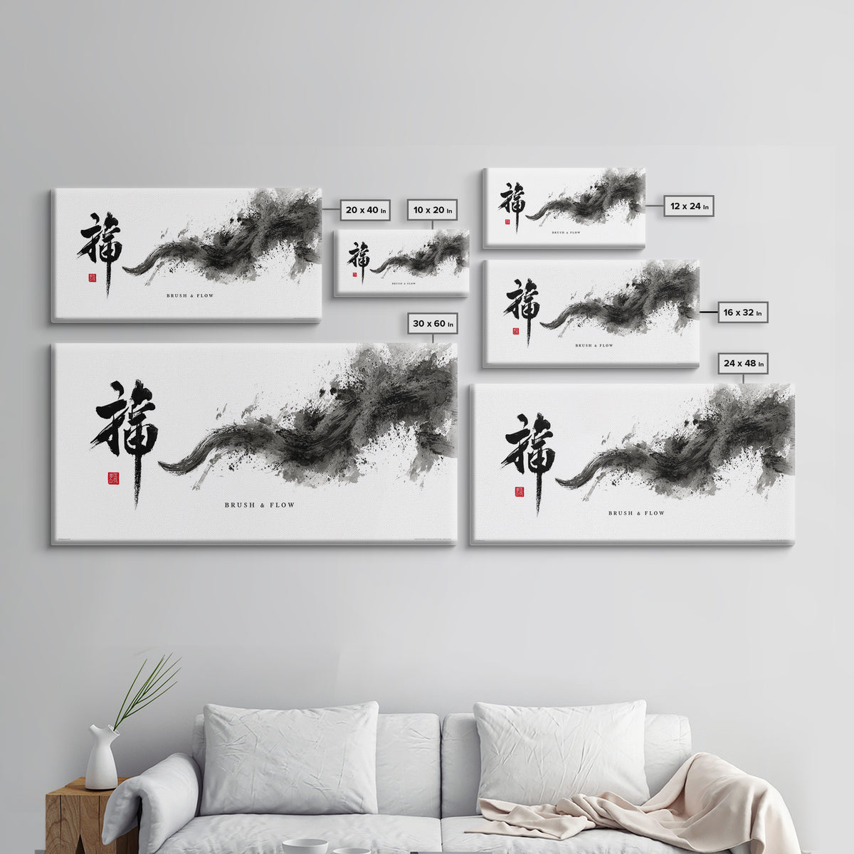 Elegant Chinese Calligraphy Brush Stroke Black Ink Abstract Original Art Framed Canvas Print For Home Decor