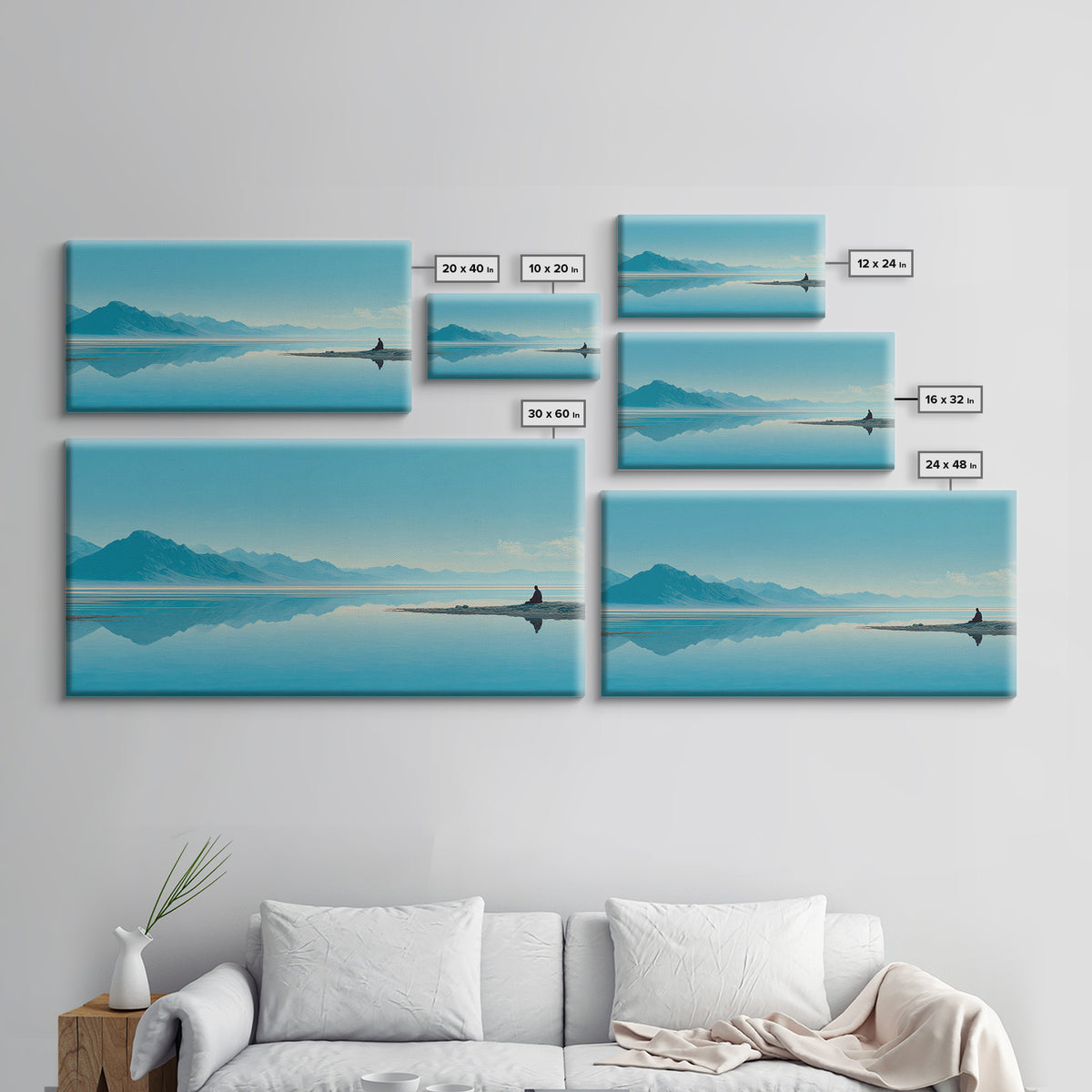 Tranquil Meditation Scene On Lake With Person Sitting Calm Water And Mountains Framed Canvas Print Zen Wall Art For Home Decor