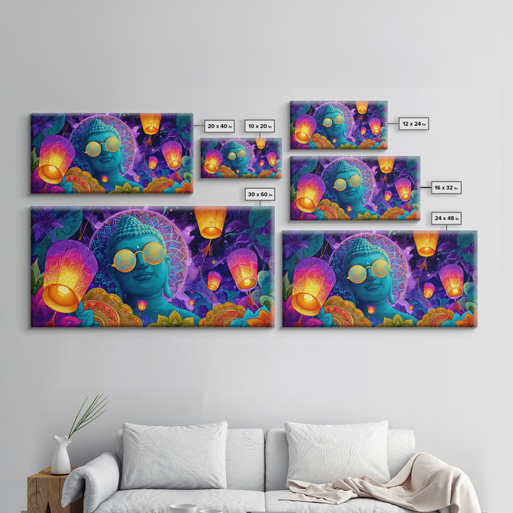 Colorful Buddha Statue With Lanterns And Floral Mandala Neon Art Print Modern Spiritual Wall Art Framed Canvas Print
