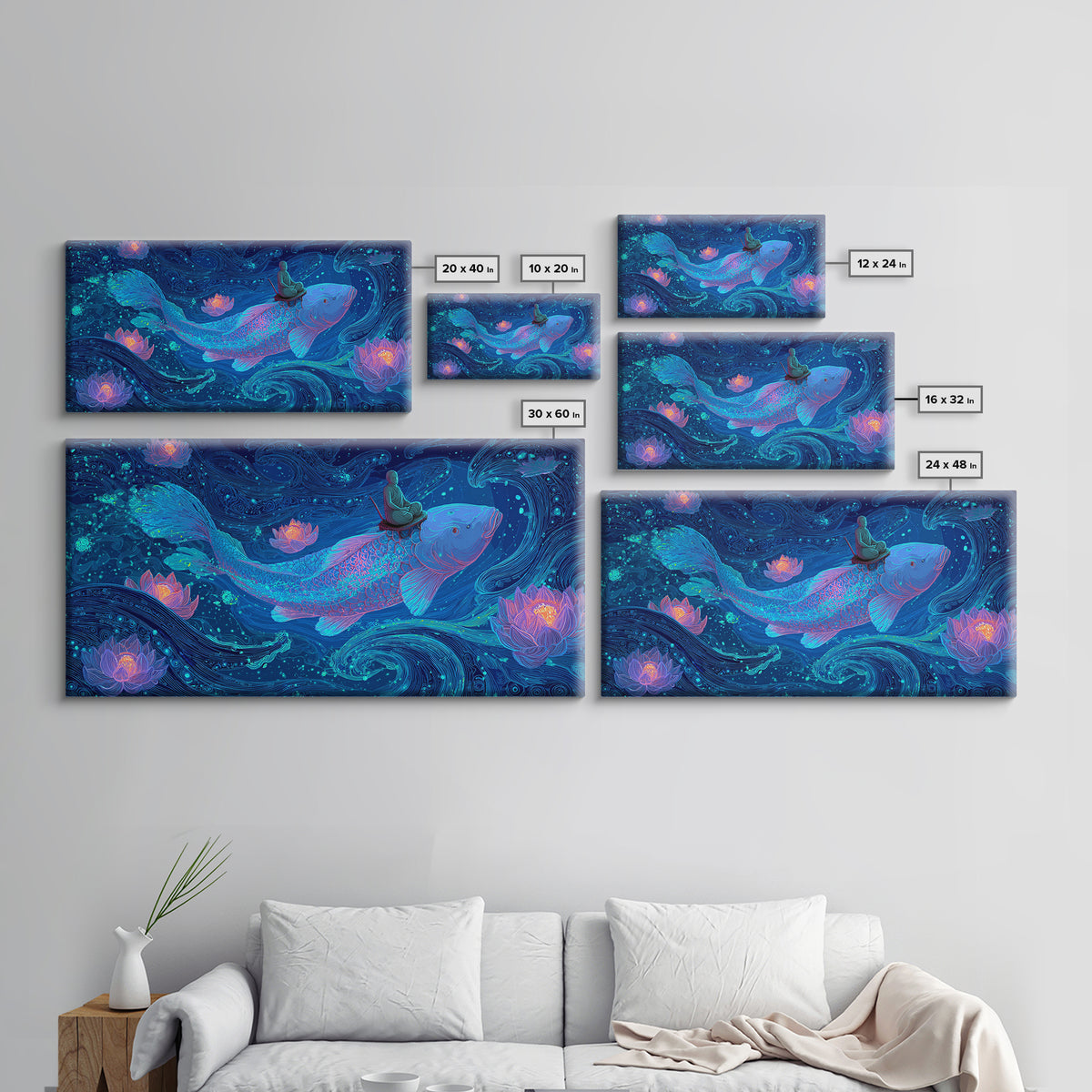 Magical Koi Fish Swimming Among Lotus Flowers In Blue Water Contemporary Wall Art Canvas Print For Zen Home Decor And Spa Rooms