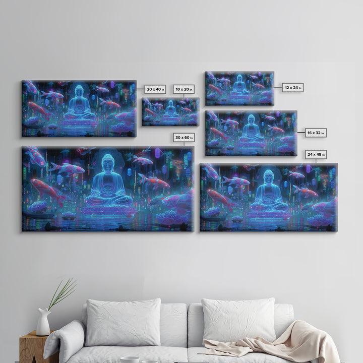 Mystical Neon Buddha Sitting With Koi Fish In Cyber Water Garden Wall Art Digital Canvas Print For Modern Home Decor