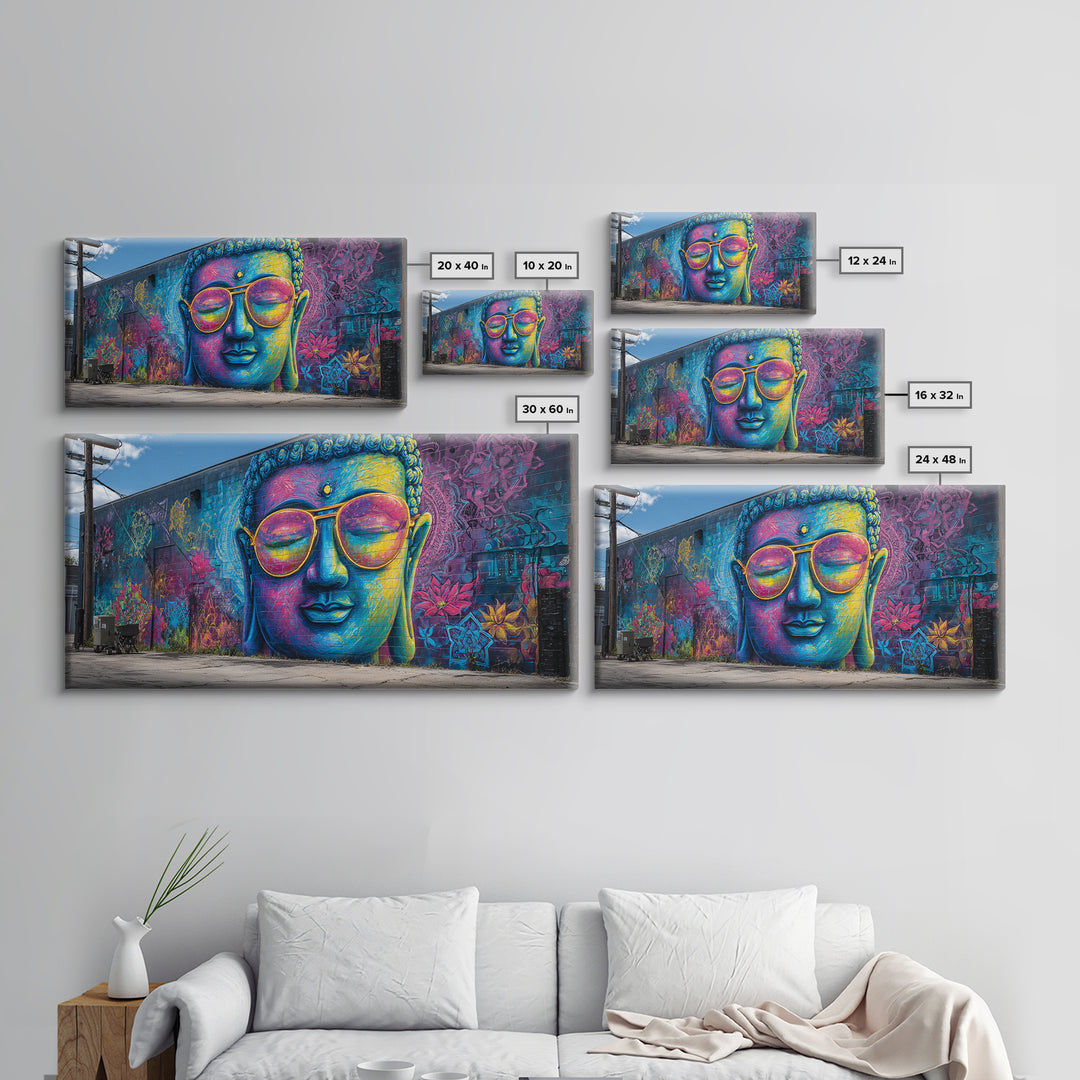 Colorful Graffiti Mural Of Buddha Wearing Sunglasses Vibrant Street Art Wall Art Framed Canvas Print