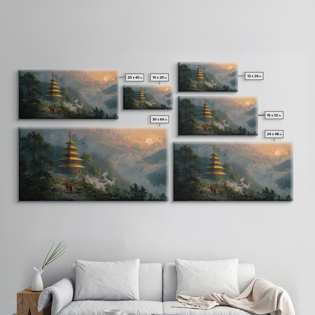 Serene Mystic Temple Amidst Lush Nature With Rising Sun Landscape Wall Art, Original Painting, Zen Home Decor Framed Canvas Print
