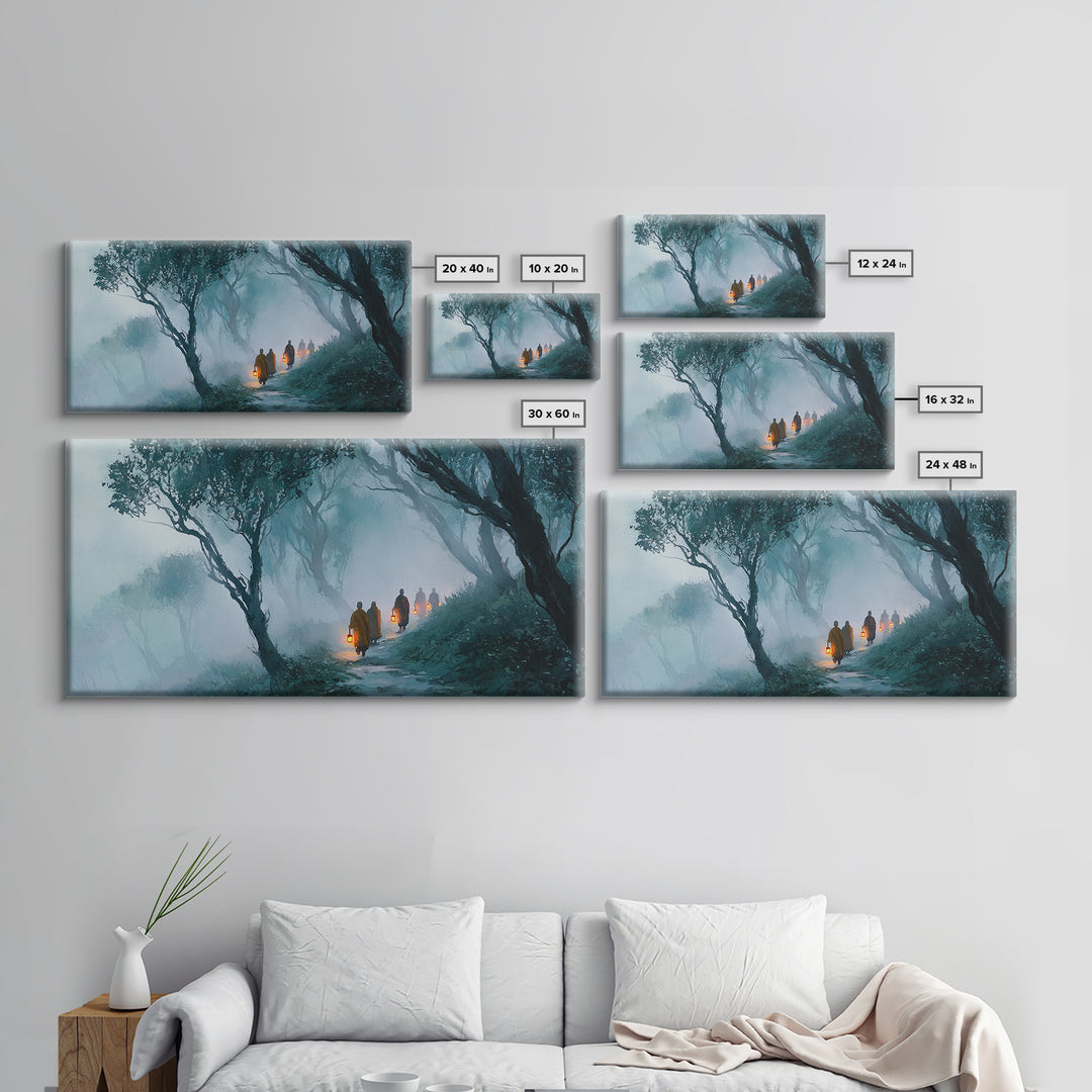 Mystical Monks Walking With Lanterns Through Foggy Forest Trail Wall Art Framed Canvas Print For Tranquil Home Decor