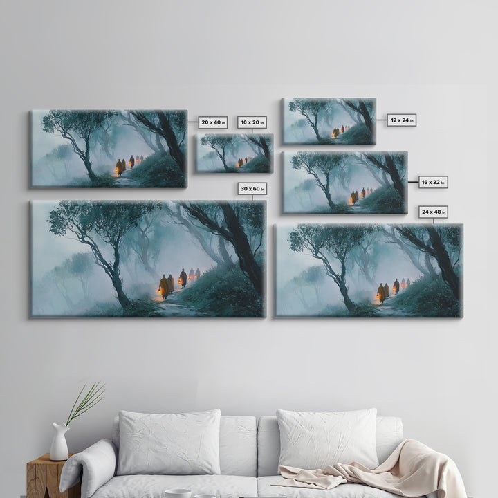 Mystical Monks Walking With Lanterns Through Foggy Forest Trail Wall Art Framed Canvas Print For Tranquil Home Decor