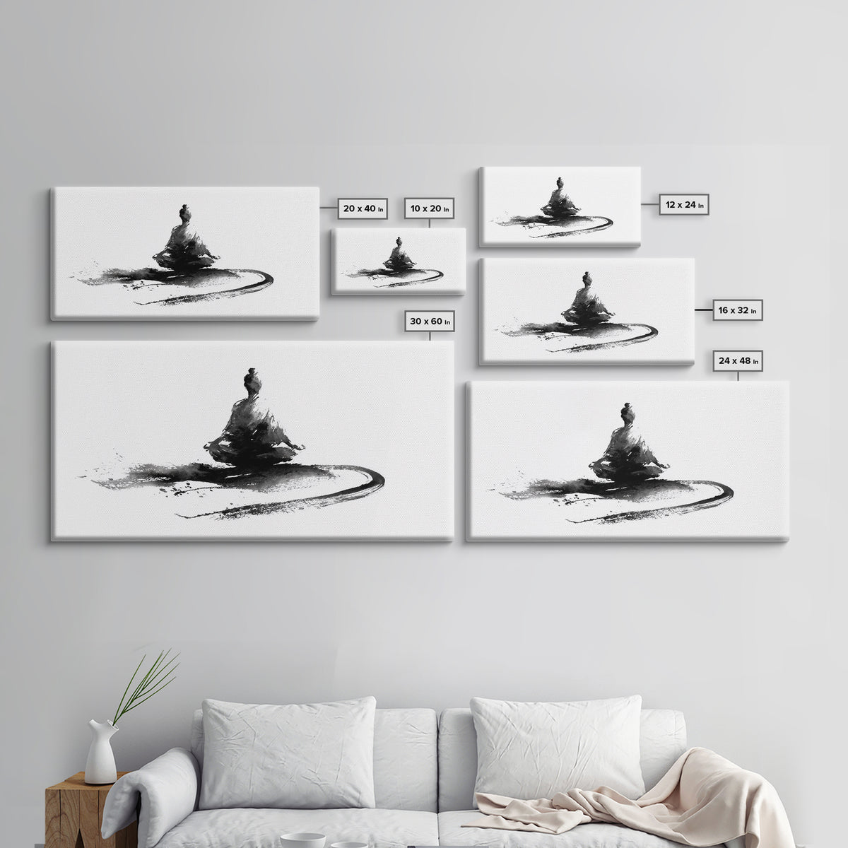 Minimalist Black And White Ink Painting Of Meditating Figure Abstract Wall Art Canvas Print For Modern Home Decor