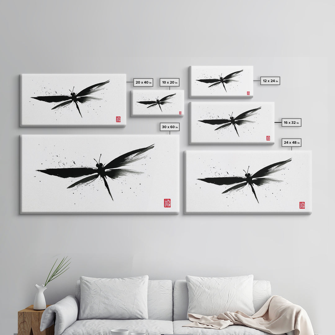 Zen Brush Stroke Dragonfly Japanese Ink Painting Minimalist Black And White Wall Art For Modern Home Decor Canvas Print
