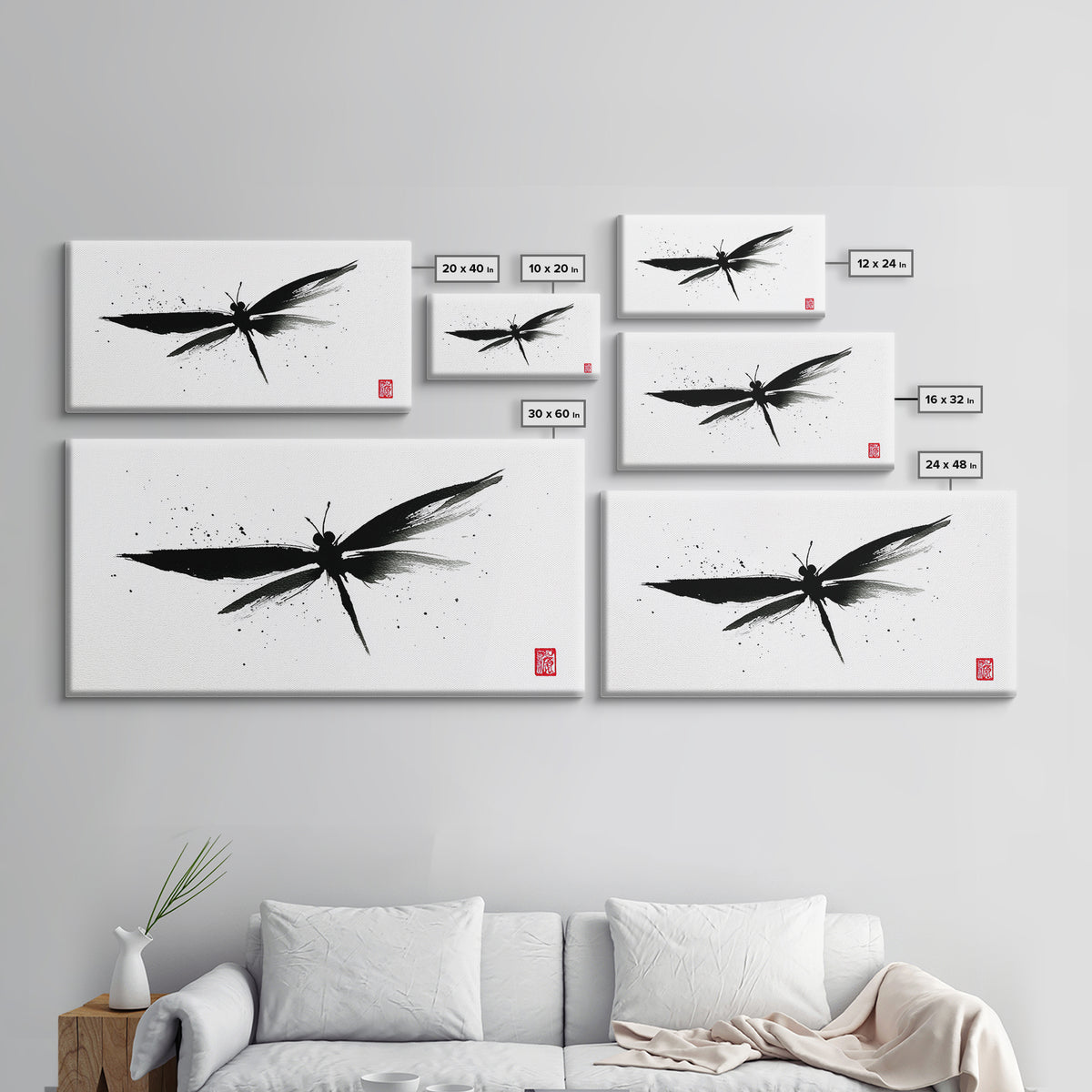 Zen Brush Stroke Dragonfly Japanese Ink Painting Minimalist Black And White Wall Art For Modern Home Decor Canvas Print