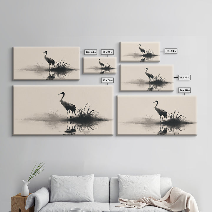 Elegant Black Crane Silhouette Reflecting Over Calm Water Minimalist Wall Art Framed Canvas Print For Home Decor