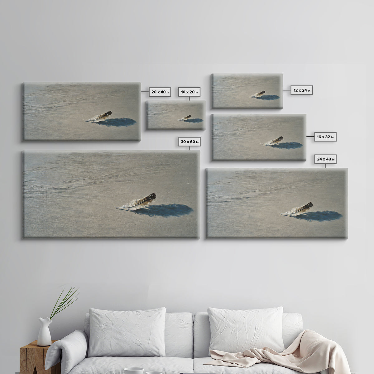 Delicate Single Feather With Realistic Shadow In Soft Beige Canvas Print For Elegant Wall Art Home Decor