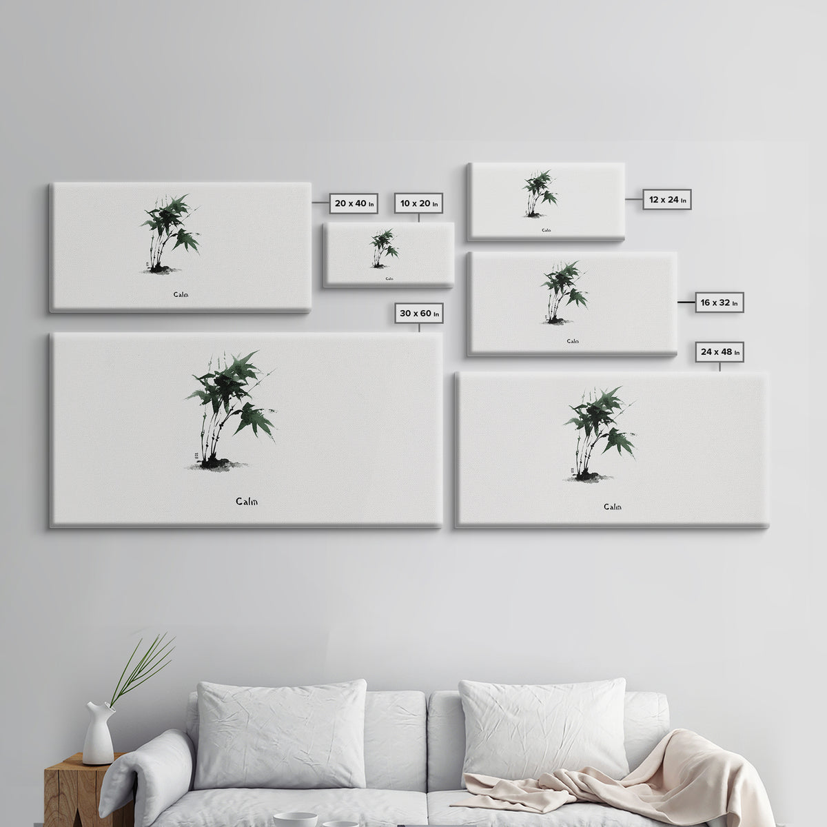 Minimalist Japanese Ink Painting Of Green Maple Leaves Calm Nature Wall Art Framed Canvas Print For Zen Home Decor