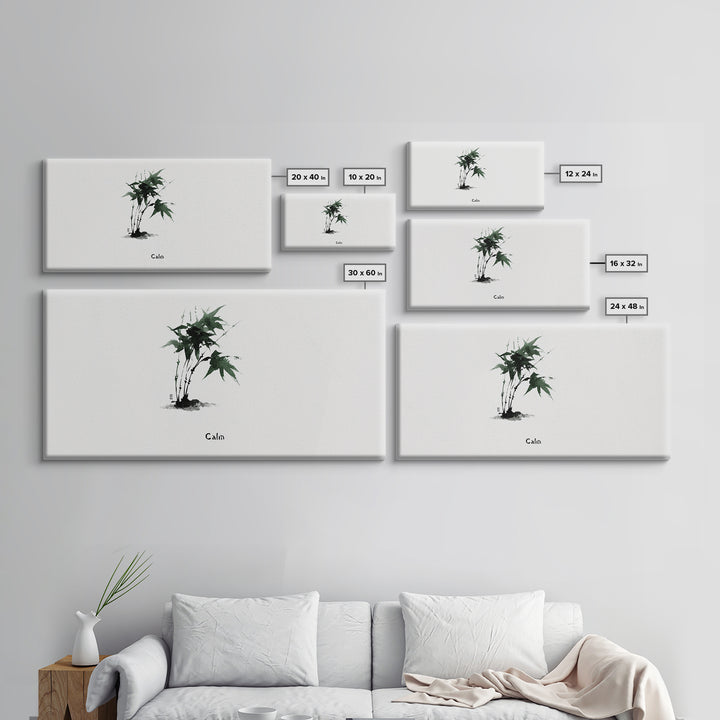 Minimalist Japanese Ink Painting Of Green Maple Leaves Calm Nature Wall Art Framed Canvas Print For Zen Home Decor