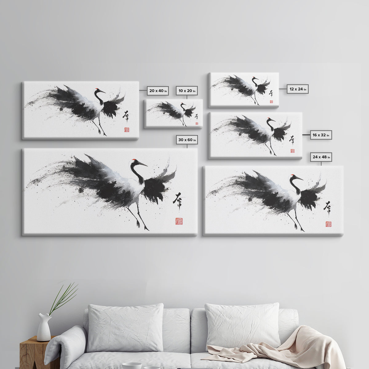 Elegant Japanese Crane Ink Painting Monochrome Art Minimalist Wall Art For Modern Home Decor Framed Canvas Print