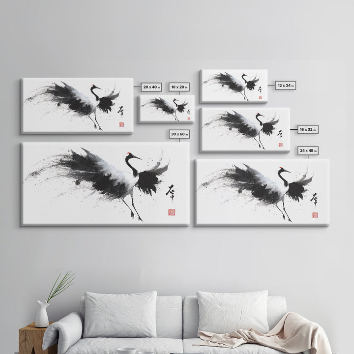 Elegant Japanese Crane Ink Painting Monochrome Art Minimalist Wall Art For Modern Home Decor Framed Canvas Print