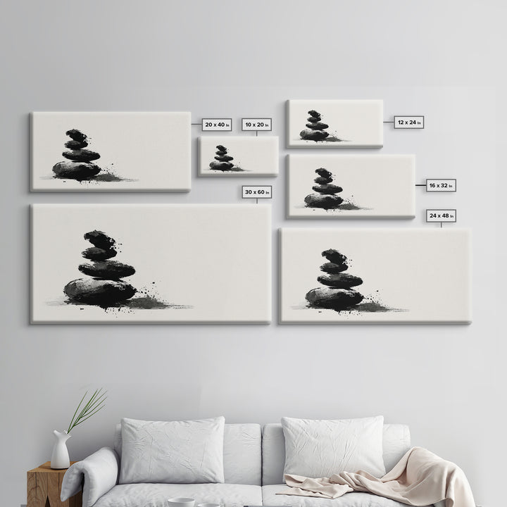 Minimalist Black And White Zen Stones Abstract Painting Wall Art Framed Canvas Print For Modern Home Decor