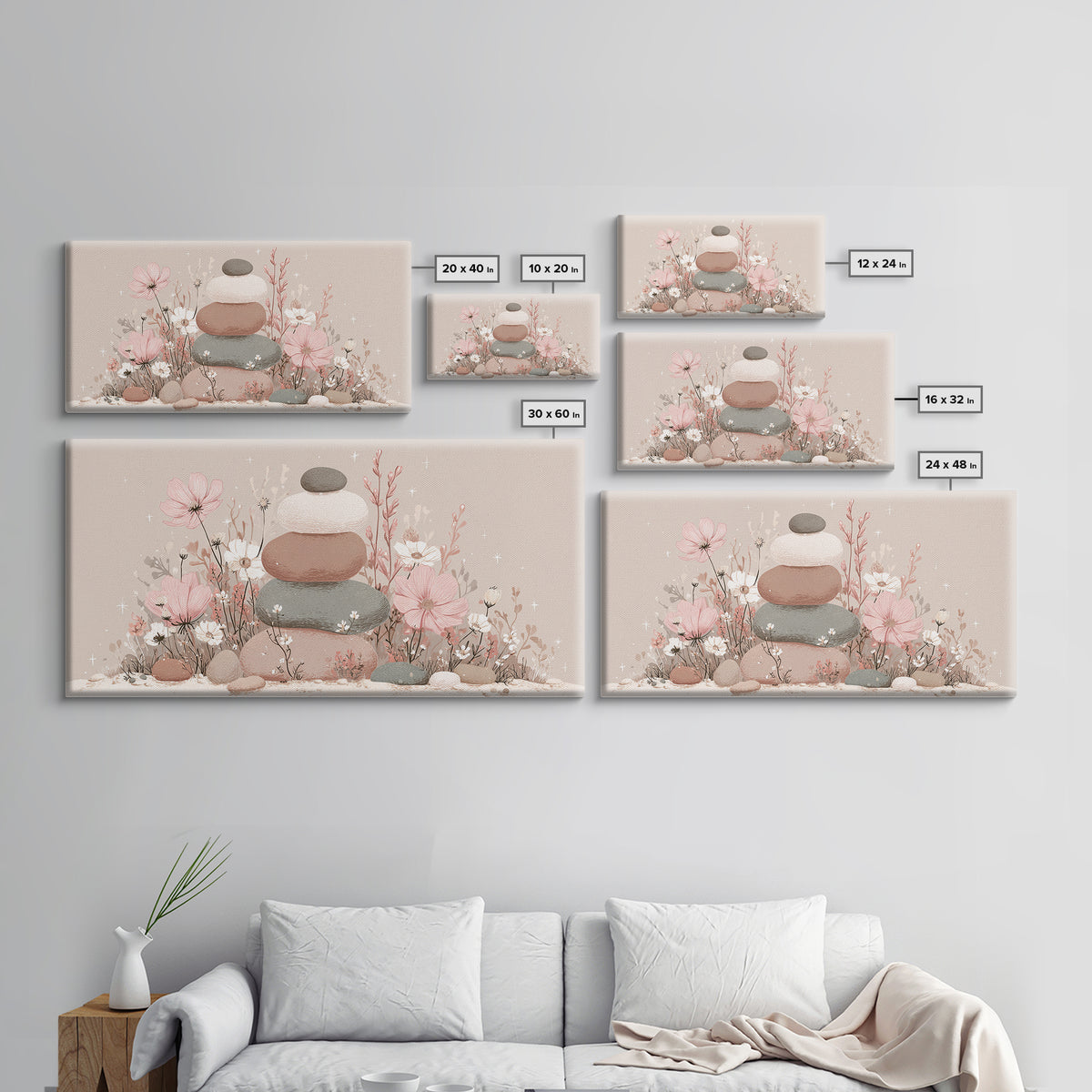 Stacked Zen Stones Wall Art, Pink Floral Spa Decor, Wabi Sabi Neutral Home Decor, Calming Bathroom Meditation Canvas Print