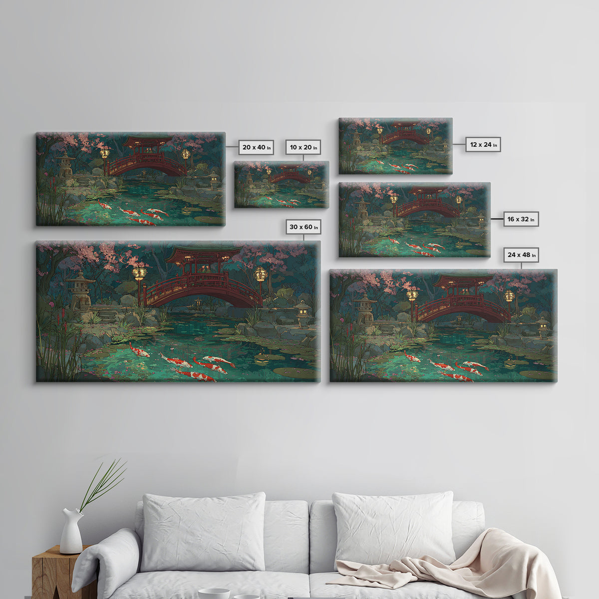 Peaceful Japanese Garden Pond With Koi Fish And Traditional Bridge Painting, Serene Wall Art, Framed Canvas Print For Zen Home Decor